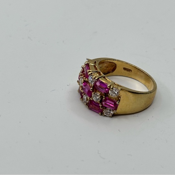 Sz. 8.75 Vintage Cocktail Sterling Silver & Gold Ring with Pink Rubies& Diamond - Picture 13 of 14